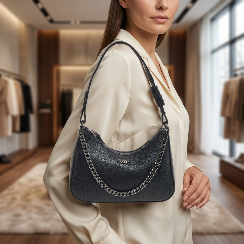 DKNY Black Crescent Shoulder Bag, Pebbled Faux Leather, Gunmetal Chain