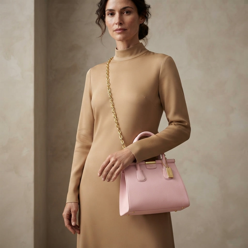 Moncrief Pink Structured Tote Bag, Pastel Aesthetic, Gold Hardware, Gift For Her