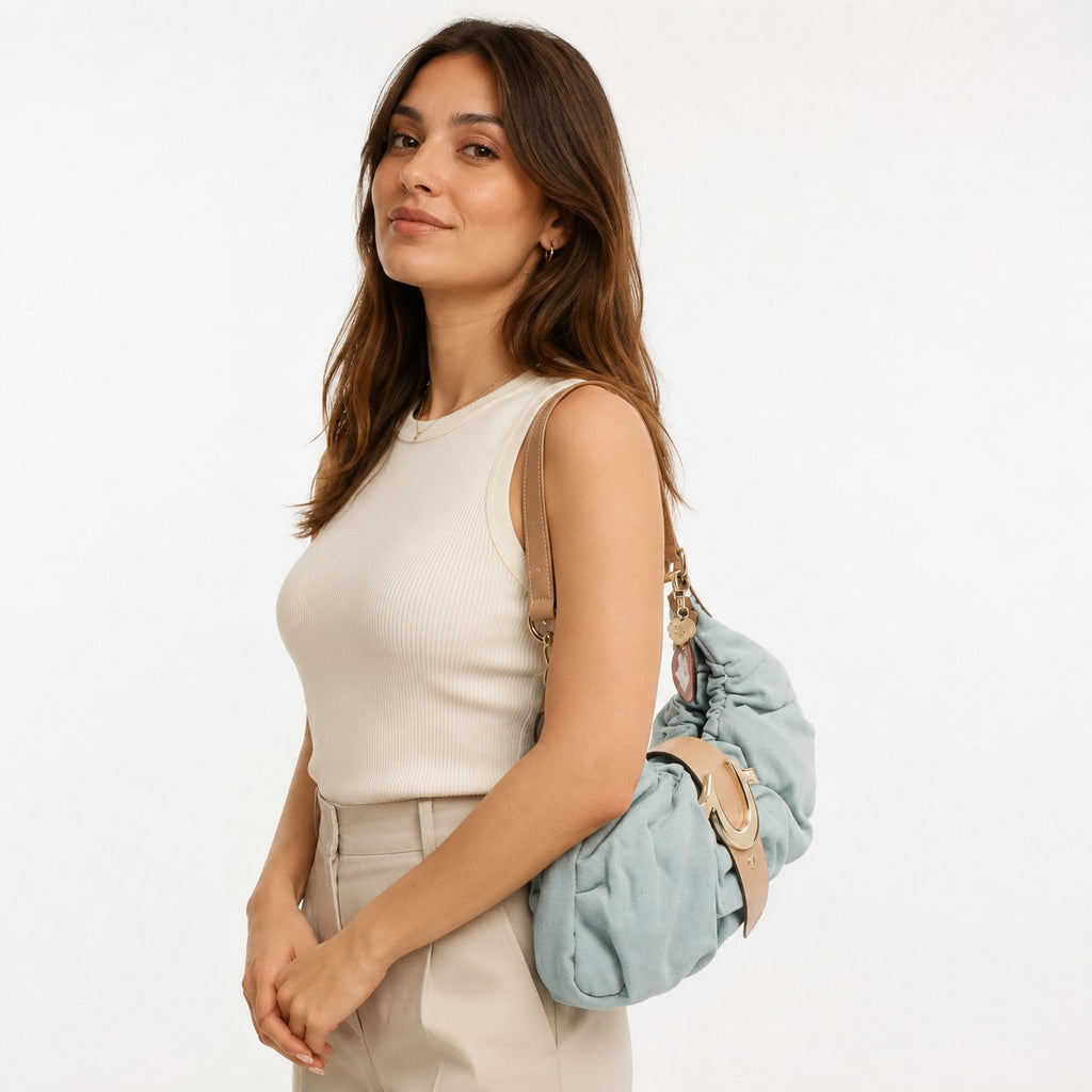 True Religion Light Blue Denim Hobo Bag, Shoulder Bag, Red Charm