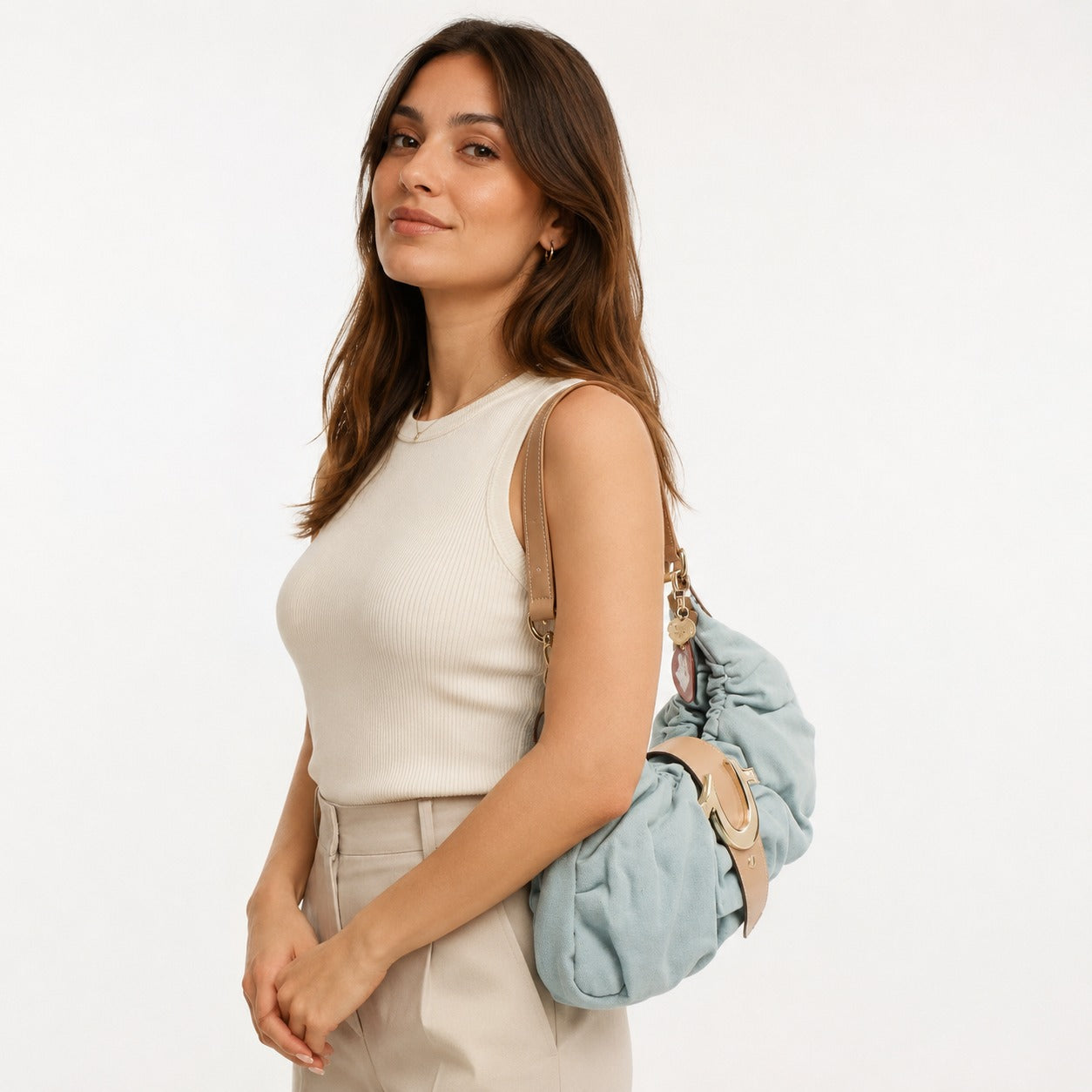 True Religion Light Blue Denim Hobo Bag, Shoulder Bag, Red Charm