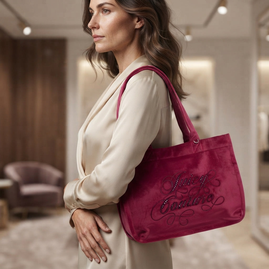 Juicy Couture Pink Tote Bag, Velvet Embroidered Script Logo, Everyday Shopper