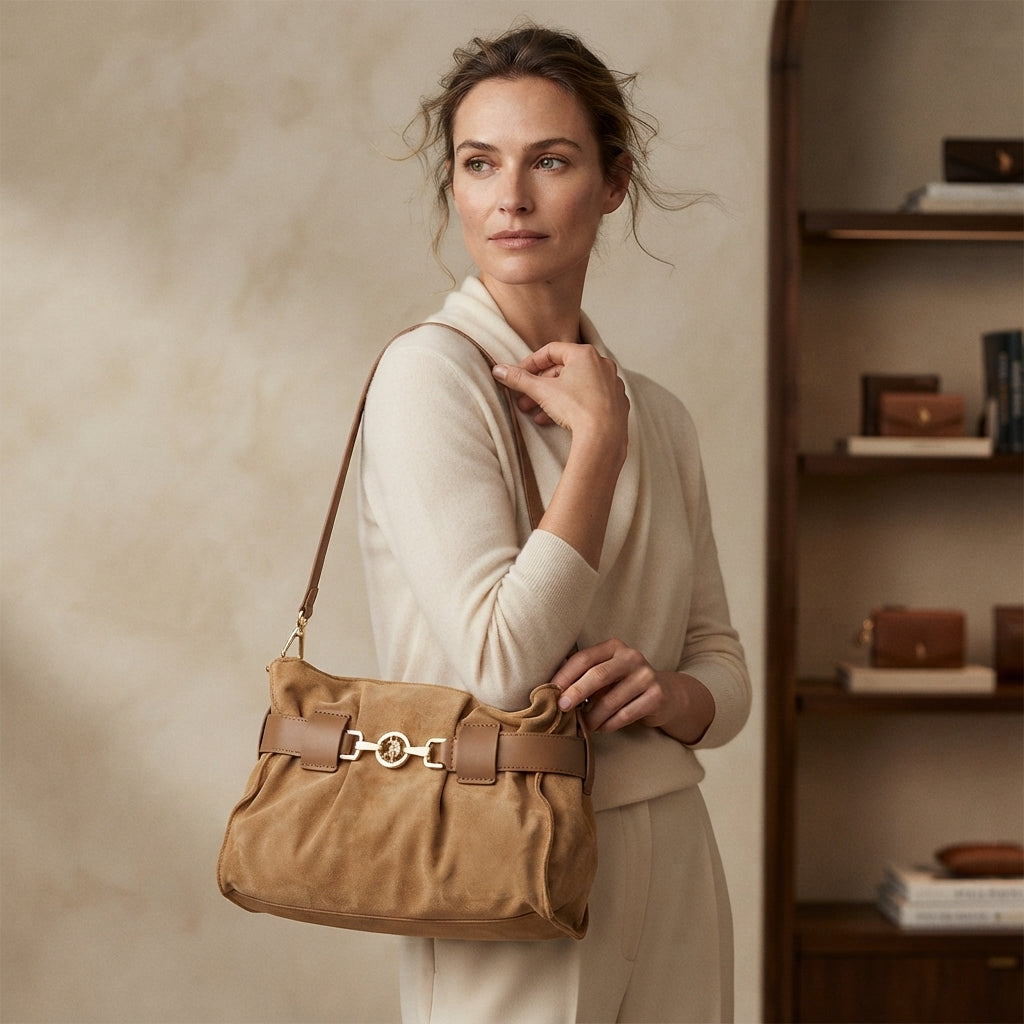 US Polo Assn Tan Suede Bag, Shoulder Handbag, Gold Hardware, Everyday Gift