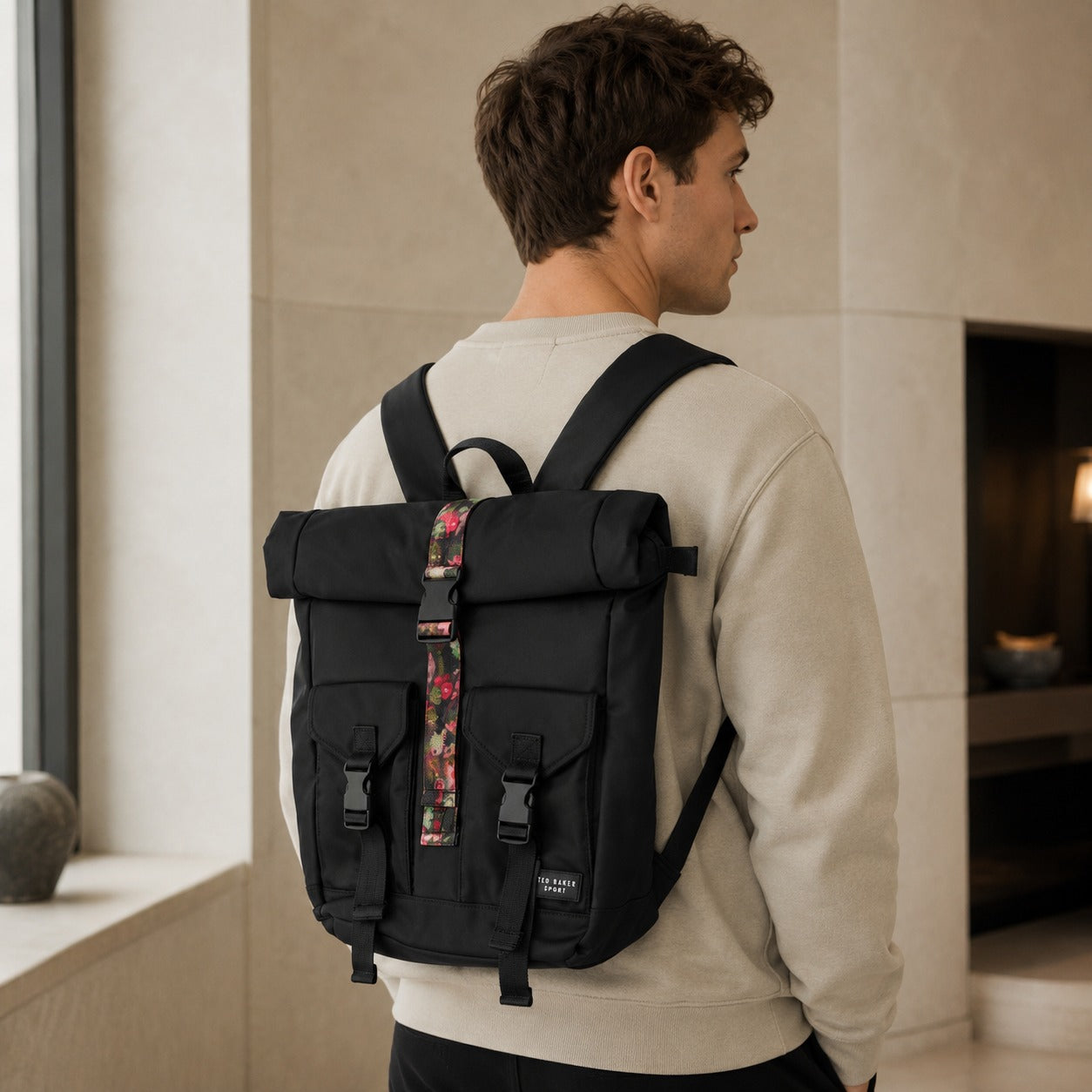 Ted Baker Sport Black Letica Backpack, Roll Top Floral Lining Bag