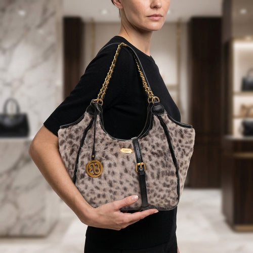 Bessie London Grey Shoulder Bag, Dalmatian Spot Faux Fur, Gold Hardware