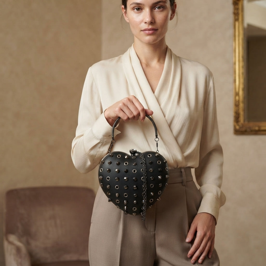 Bessie London Black Heart Grab Bag, Studded Hard-Shell Clutch, Gothic Gift