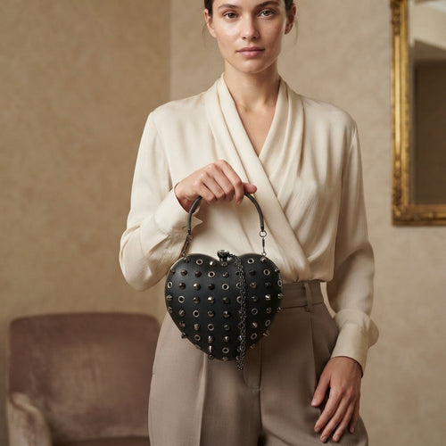 Bessie London Black Heart Grab Bag, Studded Hard-Shell Clutch, Gothic Gift