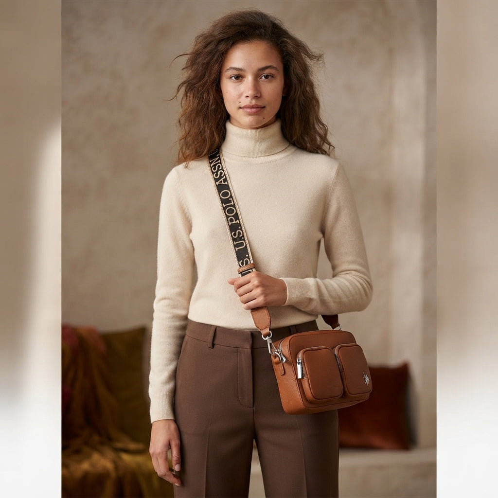 US Polo Assn Brown Crossbody Bag, Mansion Style, Zip Top, Everyday Purse