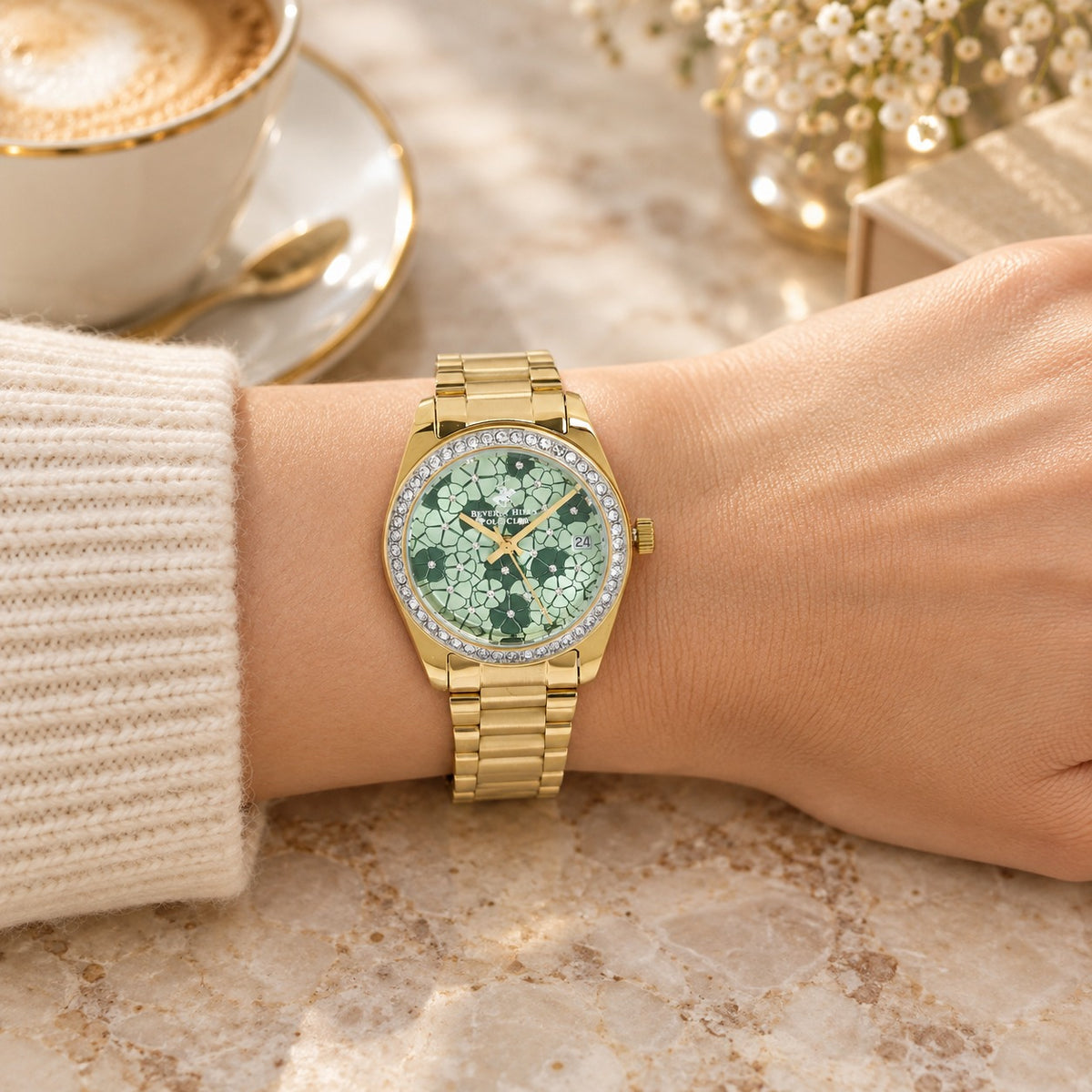 Beverly Hills Polo Club Gold Tone Watch, Green Floral Dial, Womens Gift