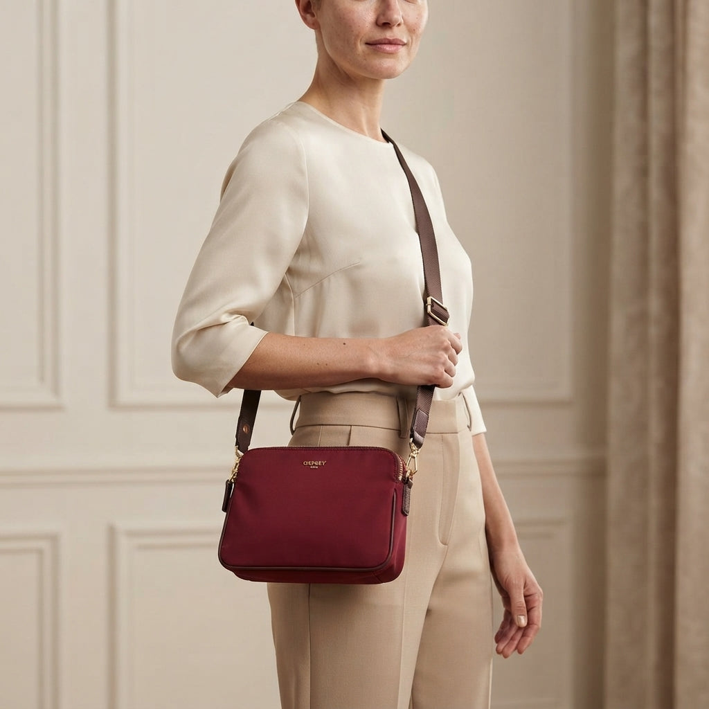 Osprey London Burgundy Nomad Bag, Nylon Crossbody, Gold Hardware