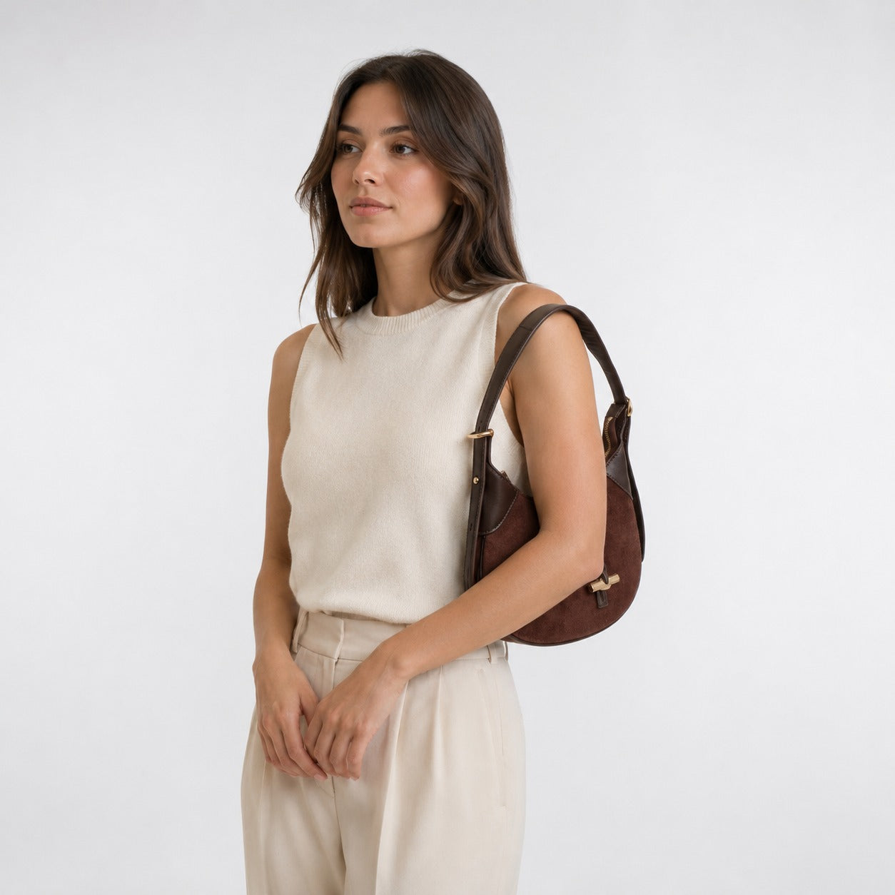 Silver Street London Brown Hobo Bag, Suede Shoulder Bag, Gold Hardware