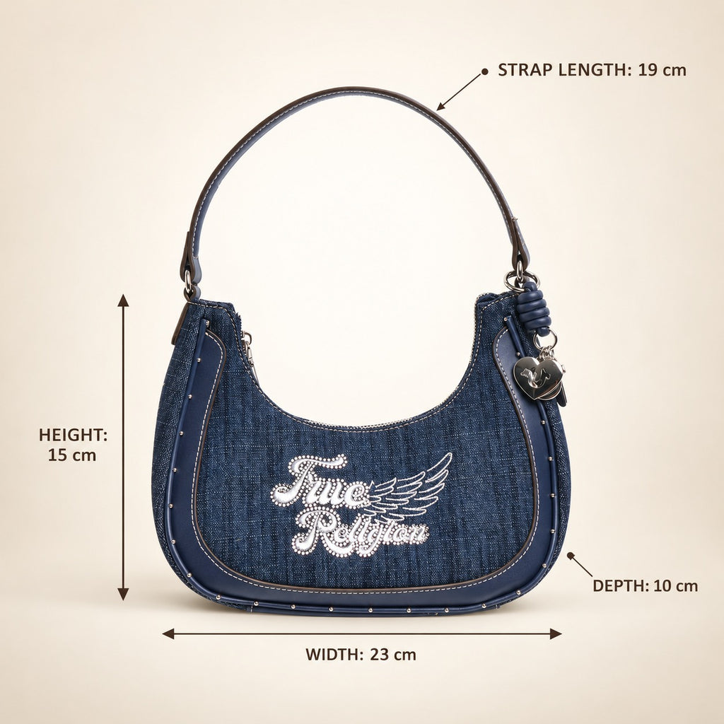 True Religion Blue Denim Shoulder Bag, Embroidered Logo, Chic Everyday Purse