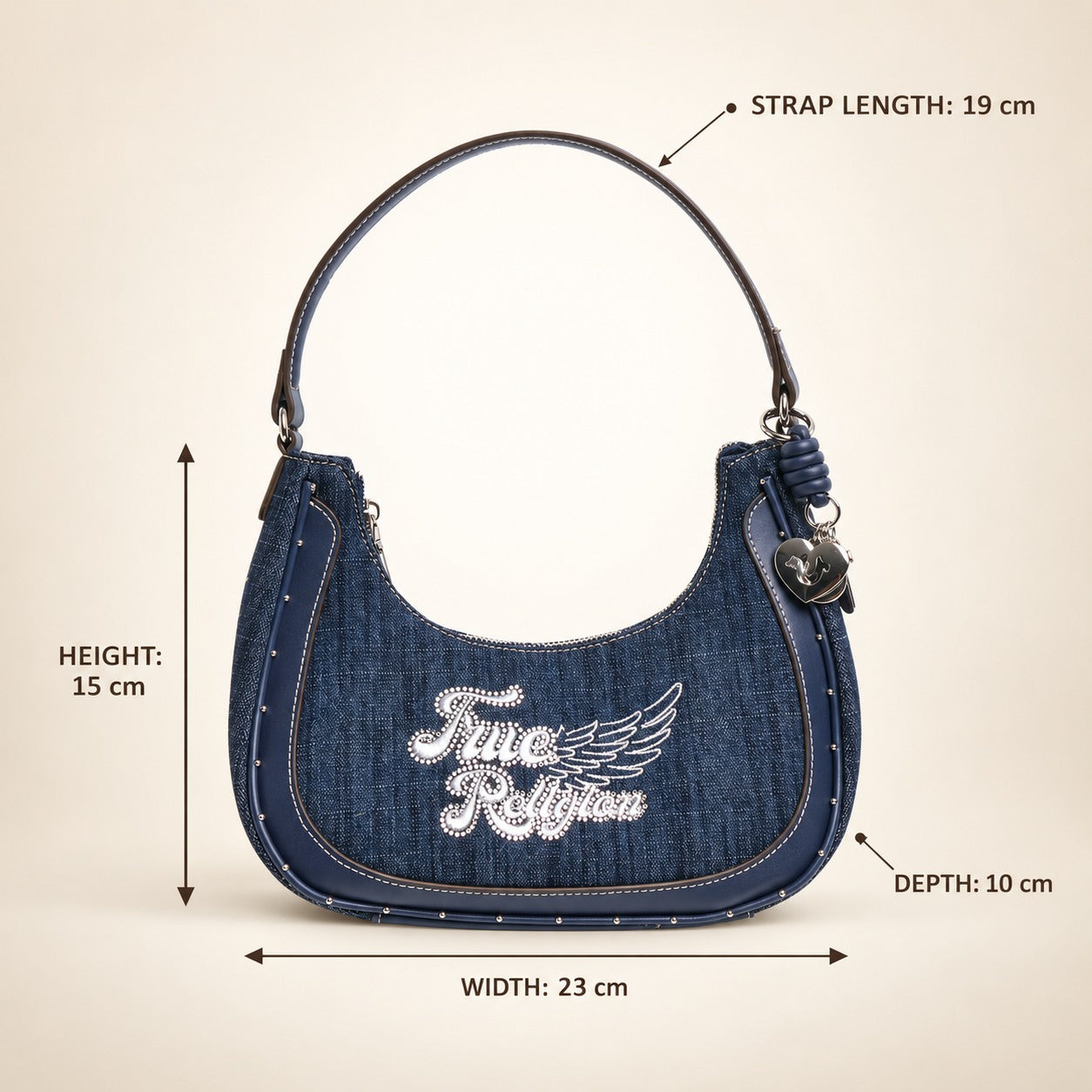 True Religion Blue Denim Shoulder Bag, Embroidered Logo, Chic Everyday Purse