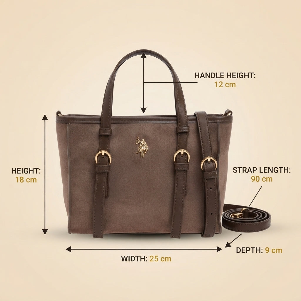 US Polo Assn Brown Mini Tote Bag, Suede Look, Gold Buckles, Equestrian, Gift