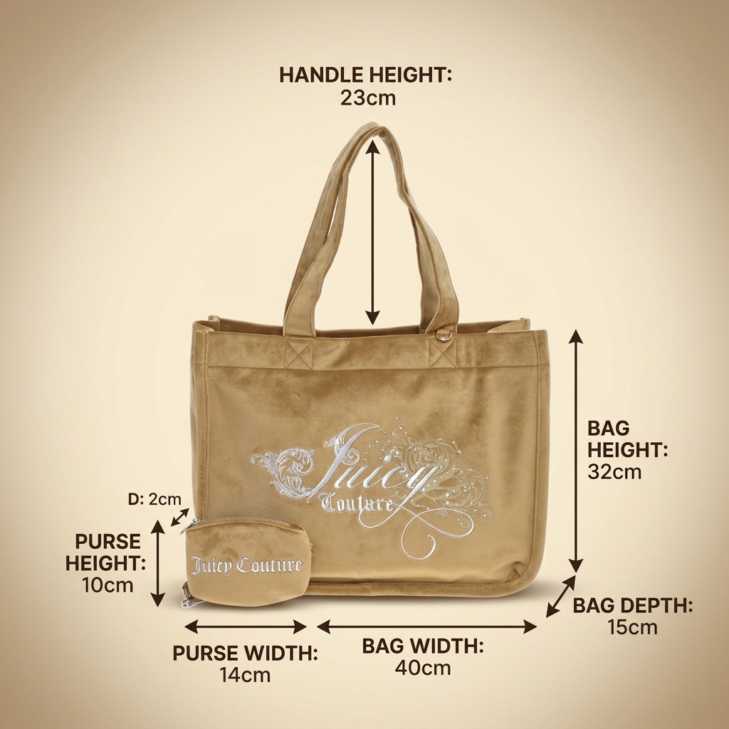 Juicy Couture Beige Shopping Tote Bag, Velour, Rhinestone Logo, Y2K Aesthetic