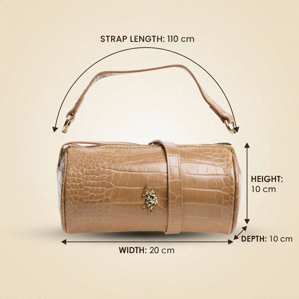 US Polo Assn Beige Crossbody Bag, Y2K Mini Barrel, Croc Texture, Aesthetic