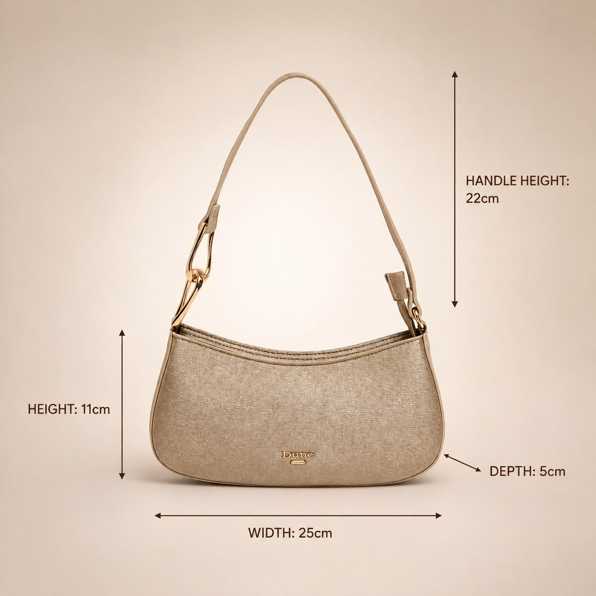 Dune London Beige Glitter Shoulder Bag, Metallic Crescent Hobo, Party Evening Bag
