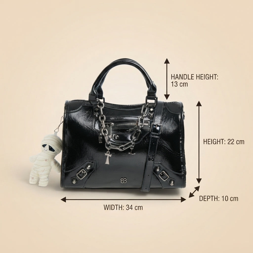 Bessie London Black Satchel Bag, Glossy Patent Finish, Chain Trim, Halloween