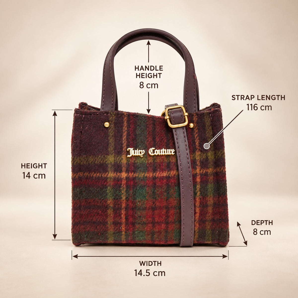 Juicy Couture Tartan Mini Tote Bag, Winetasting Plaid, Gold Hardware
