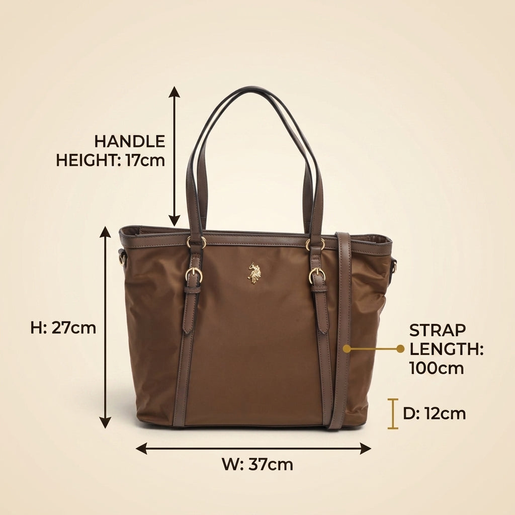 US Polo Assn Brown Tote Bag, Houston Shopping Handbag, Gold Hardware