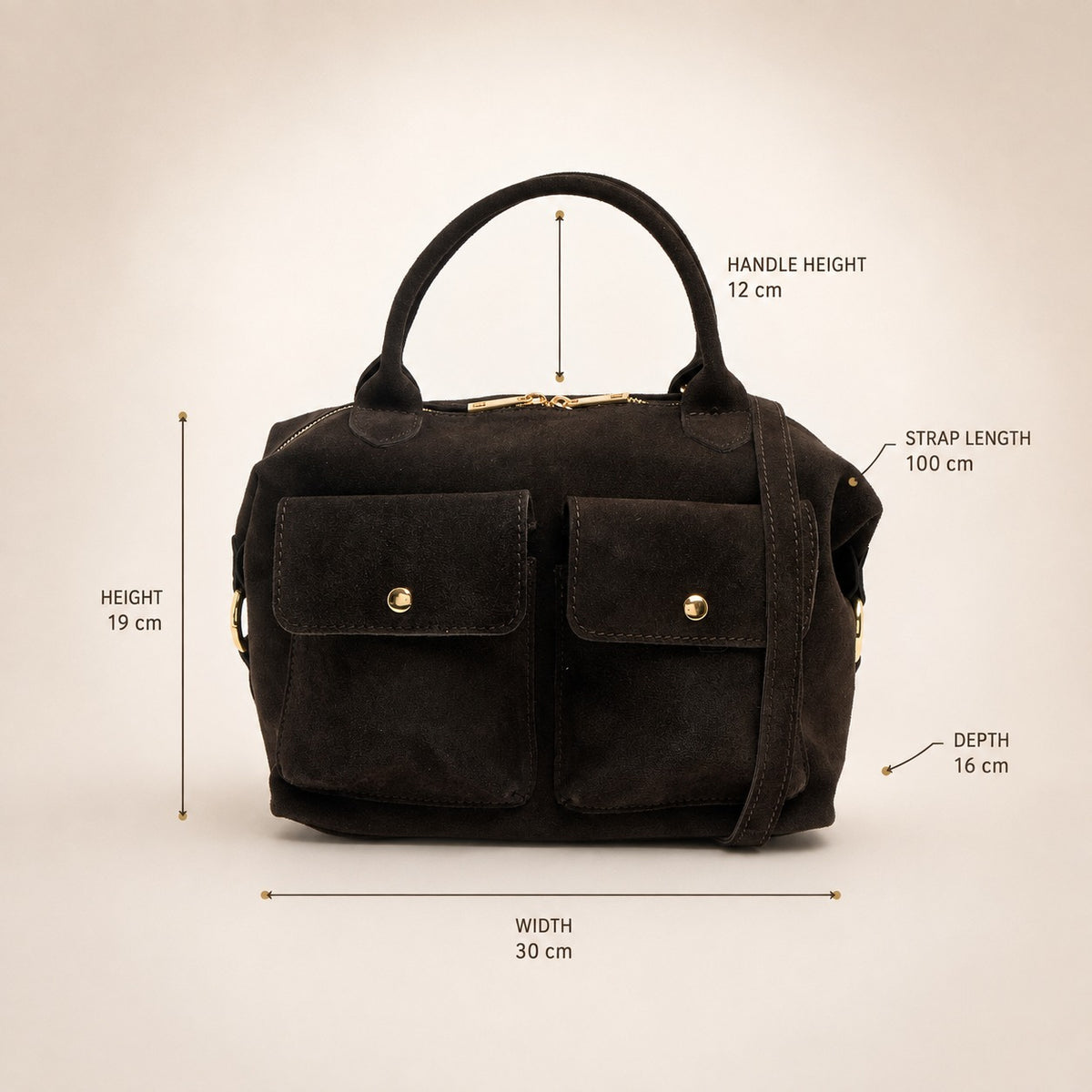 Marlon Brown Suede Satchel Bag, Two Pocket Crossbody, Gold Hardware