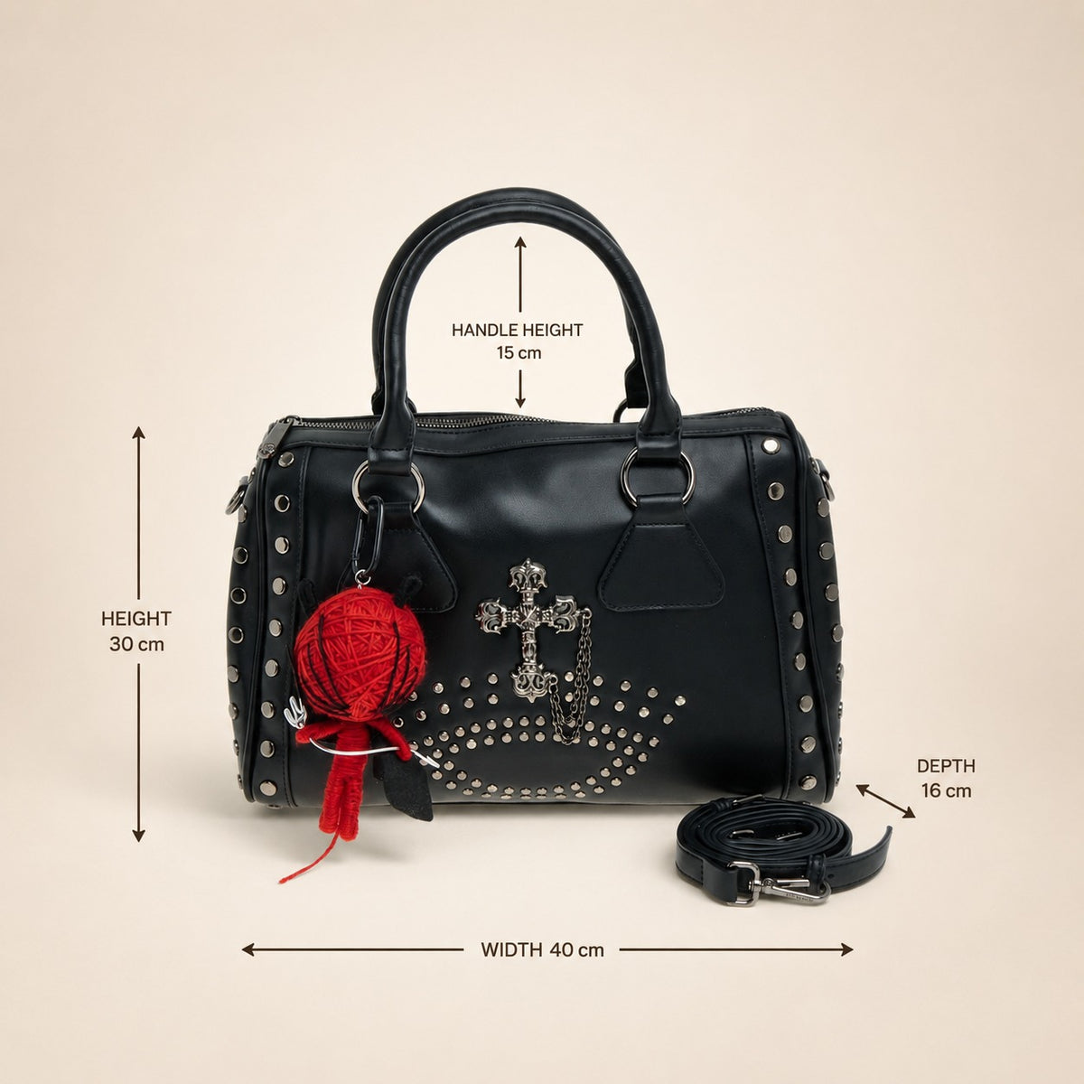 Bessie London Black Bowler Bag, Studded Satchel, Crossbody, Goth Aesthetic