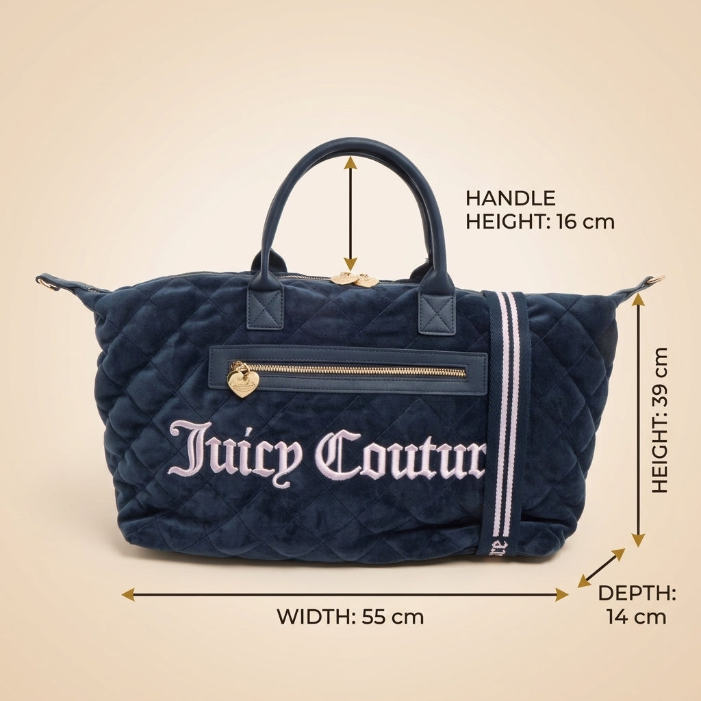 Juicy Couture Navy Quilted Tote Bag, Velour Weekender, Travel Duffel