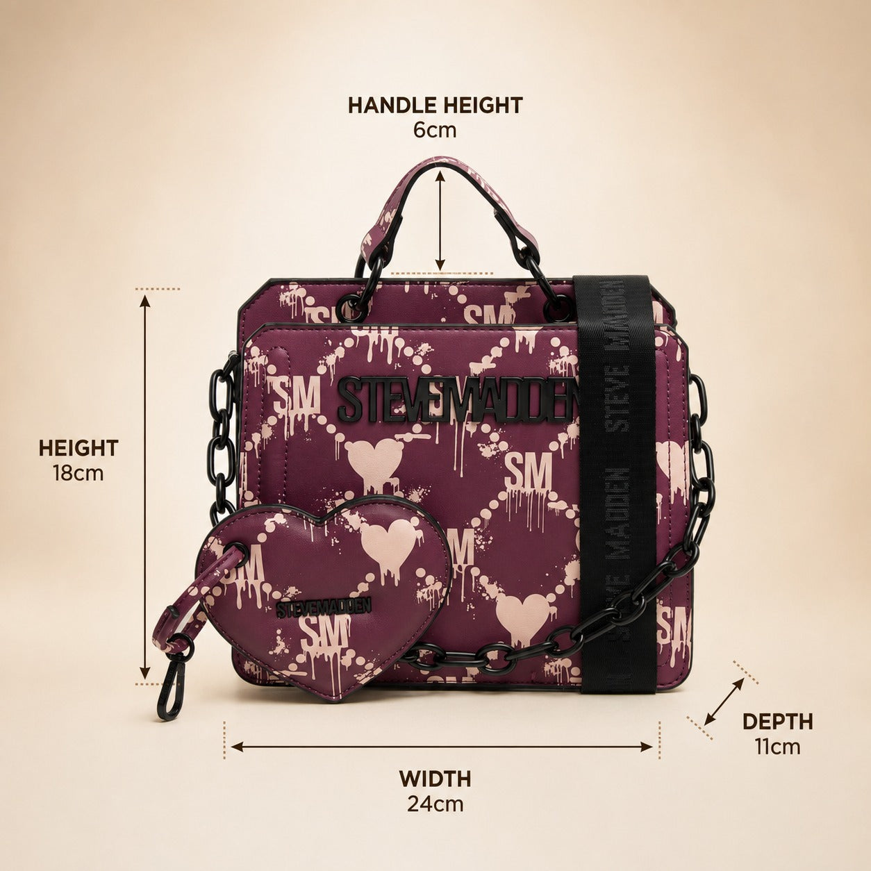 Steve Madden Purple Crossbody Bag, Dripping Heart Logo, Top Handle, Cute Gift