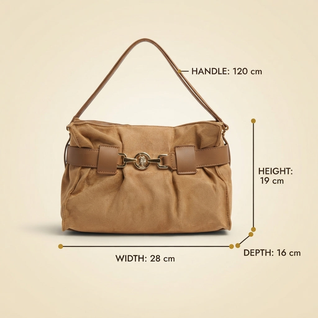 US Polo Assn Tan Suede Bag, Shoulder Handbag, Gold Hardware, Everyday Gift