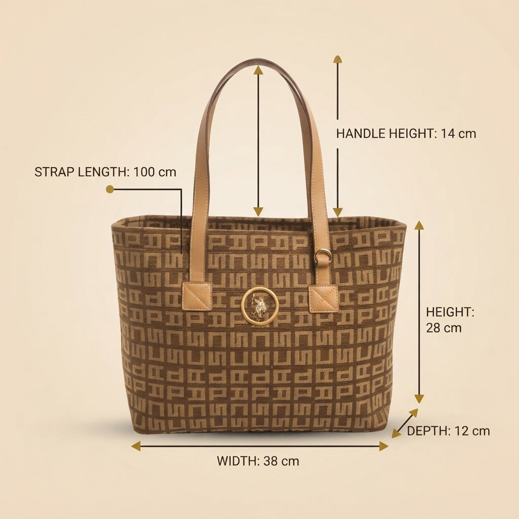 US Polo Assn Brown Jacquard Shopping Bag, Geometric Monogram Tote