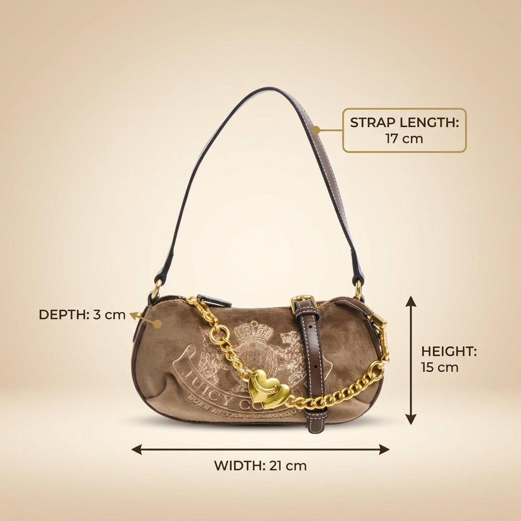 Juicy Couture Brown Bag, Velour Shoulder Bag, Gold Heart Charm