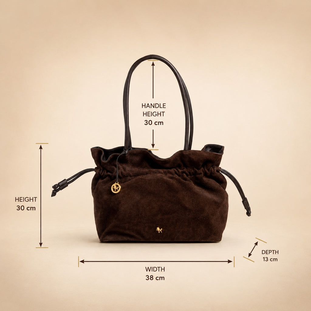 Silviano Brown Suede Shoulder Bag, Chocolate Drawstring Hobo, Everyday Tote