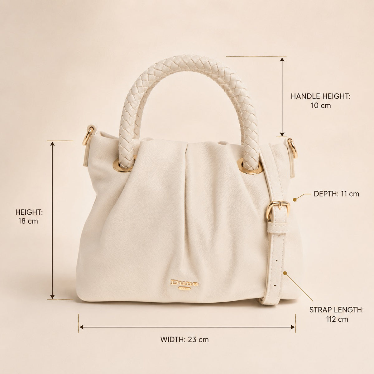 Dune Cream Handbag, Pebbled Faux Leather Satchel, Gold Hardware, Everyday Bag