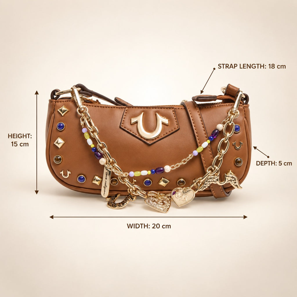 True Religion Brown Shoulder Bag, Designer Y2K Aesthetic, Charm Chain Retro