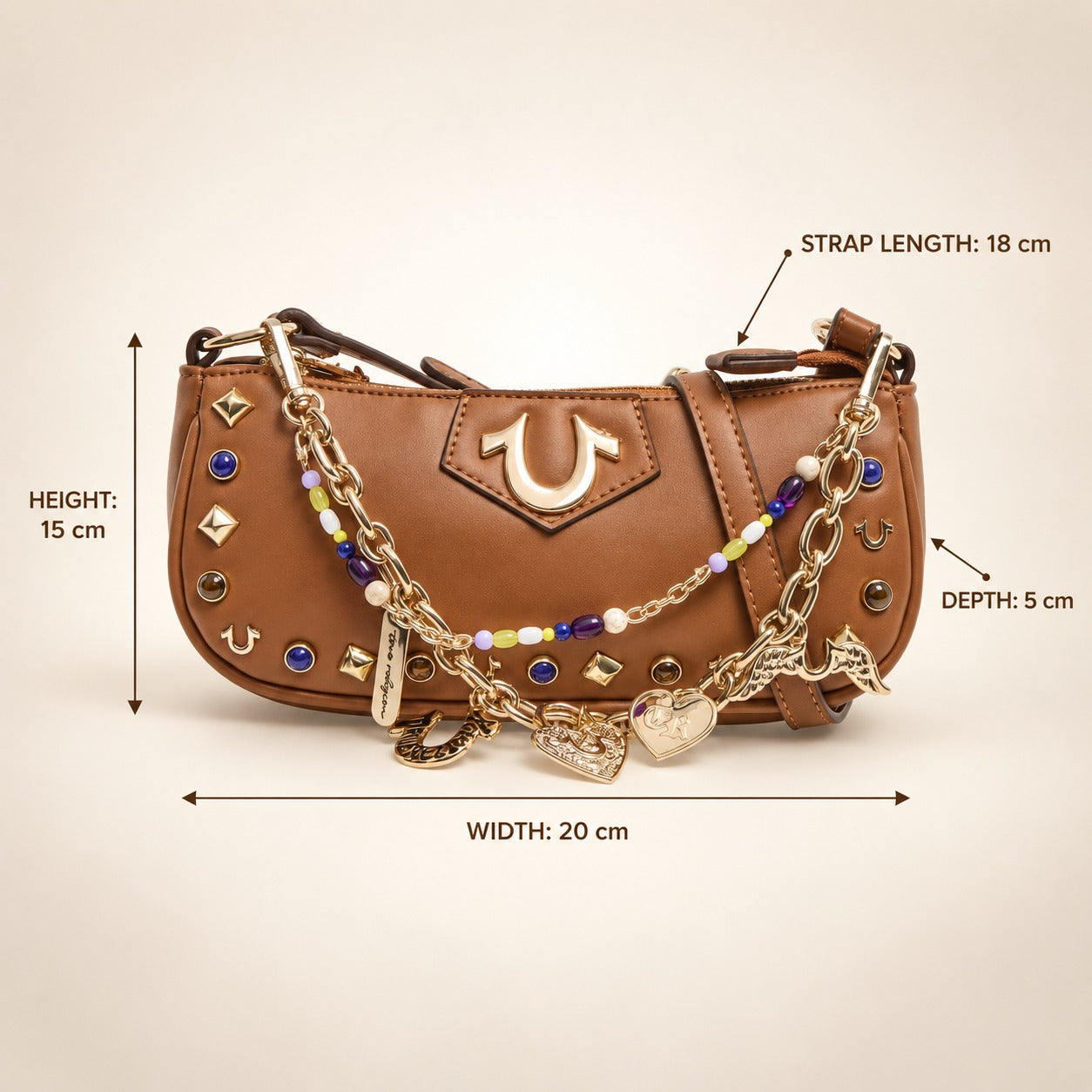 True Religion Brown Shoulder Bag, Designer Y2K Aesthetic, Charm Chain Retro