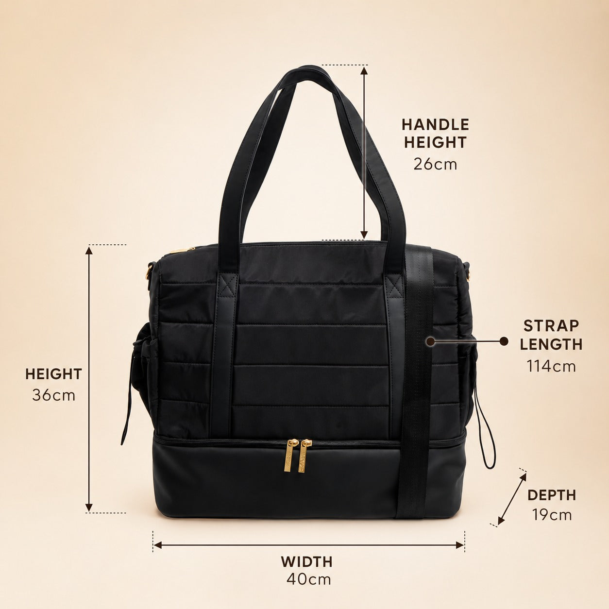 French Connection Black Weekender Bag, Quilted Padded Tote, Gym Travel Luggage