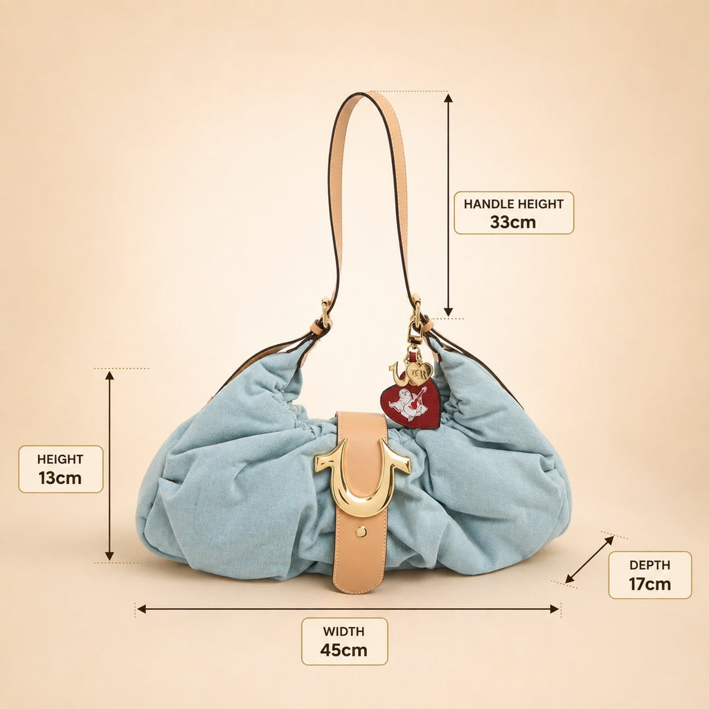 True Religion Light Blue Denim Hobo Bag, Shoulder Bag, Red Charm