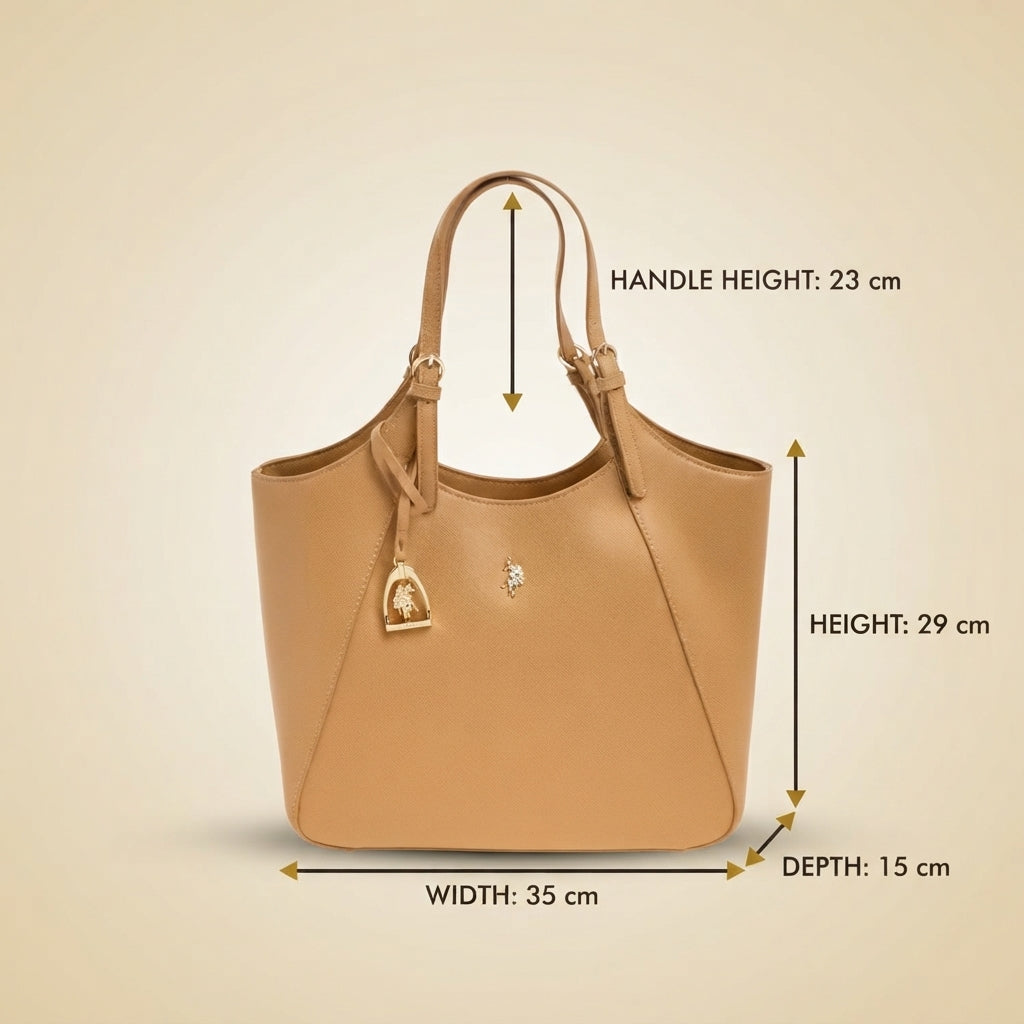 US Polo Assn Camel Tote Bag, Pebbled Faux Leather, Gold Hardware, Everyday Gift