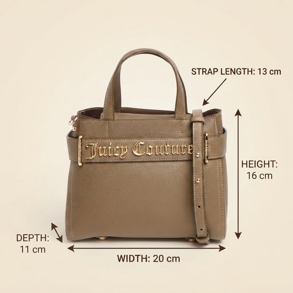 Juicy Couture Taupe Mini Tote Bag, Top Handle, Crossbody Strap, Gold Hardware
