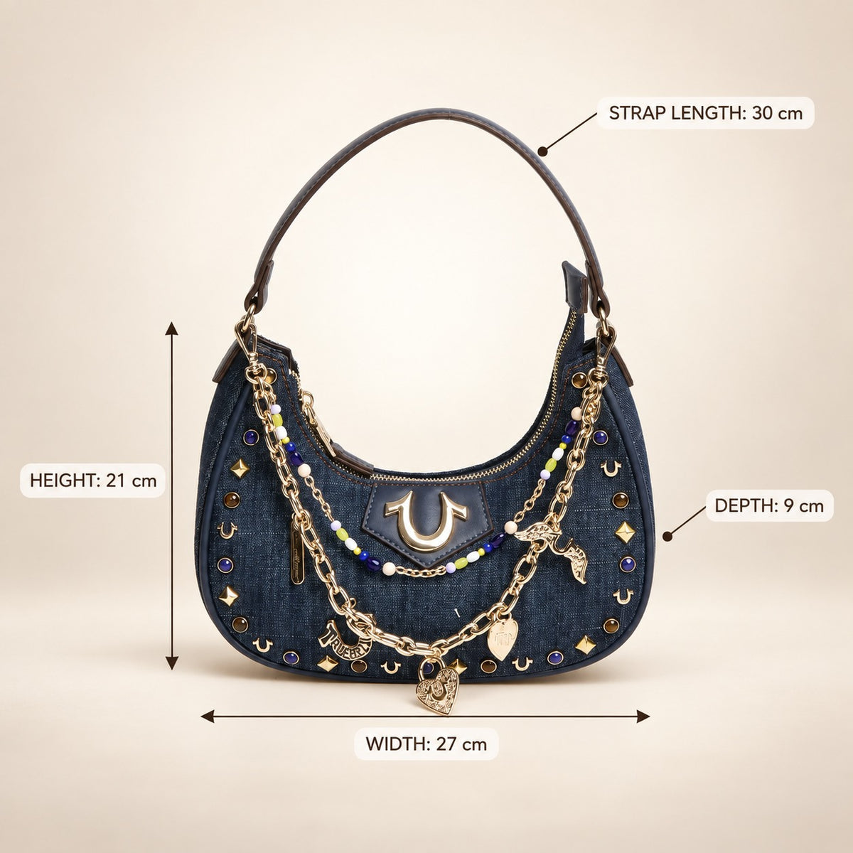 True Religion Blue Denim Shoulder Bag, Studded Hobo Purse, Gold Logo Aesthetic