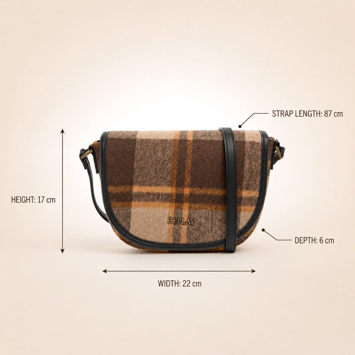 Replay Brown Plaid Crossbody Bag, Checked Saddle Bag, Fall Aesthetic