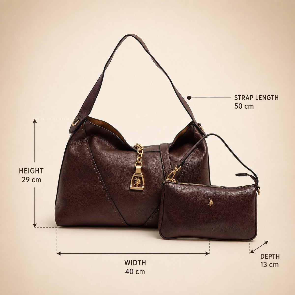 US Polo Assn Brown Hobo Bag, Dark Shoulder Purse with Pouch, Equestrian Aesthetic