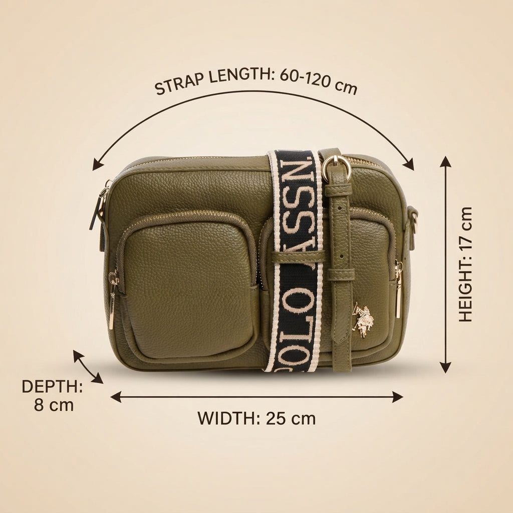 US Polo Assn Olive Crossbody Bag, Pebbled Leather Look, Webbing Strap