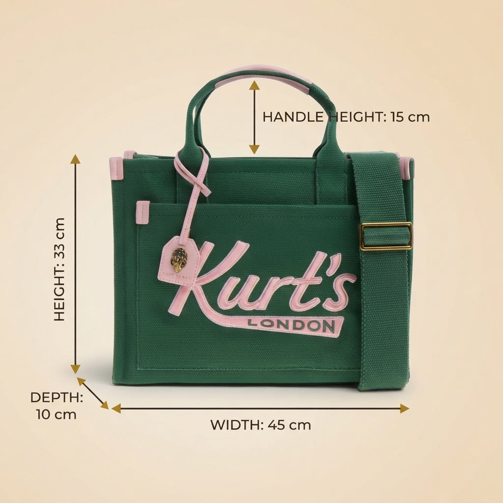 Kurt Geiger Green Tote Bag, Pink Logo, Canvas Handbag