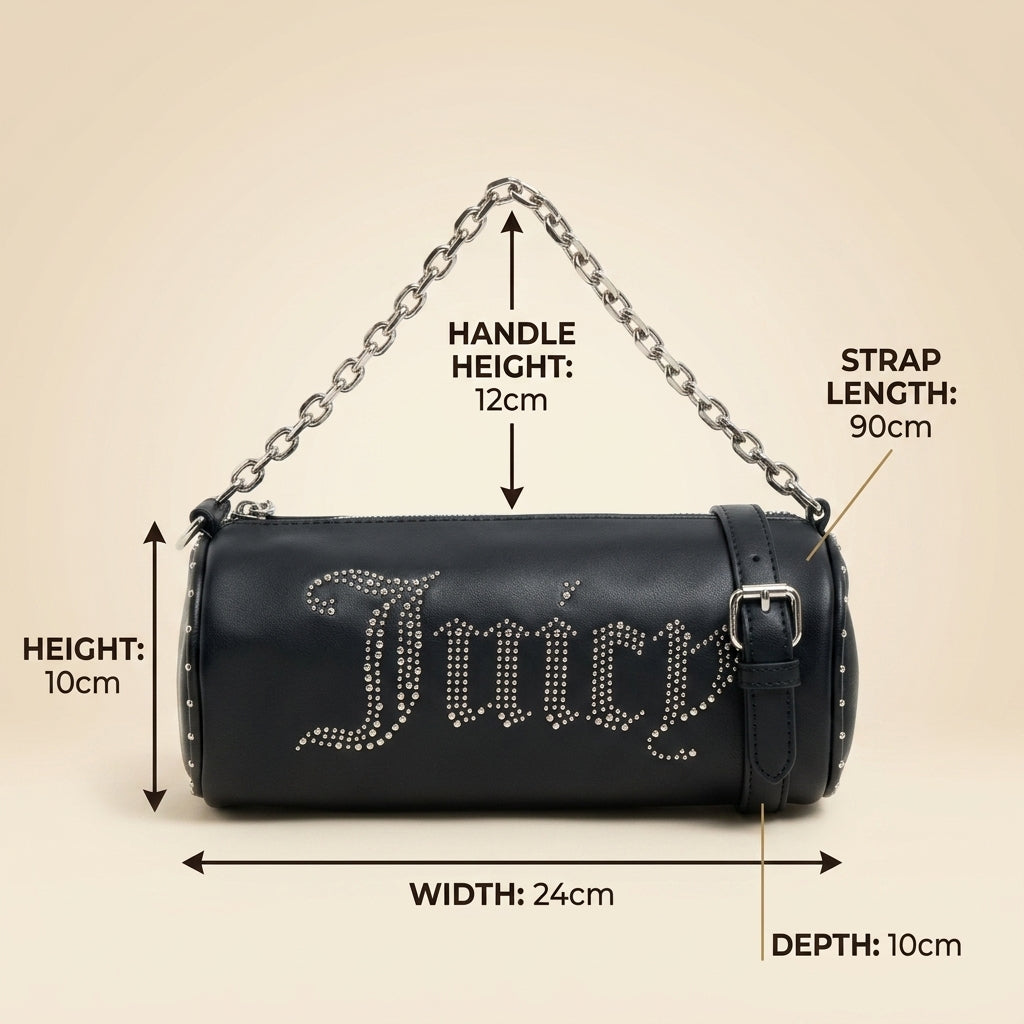 Juicy Couture Black Barrel Bag, Studded Logo, Chain Strap, Shoulder Handbag