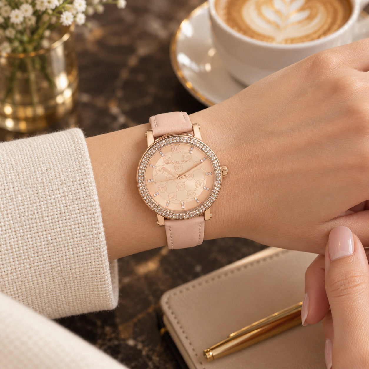 Michael Kors Rose Gold Crystal Watch, Blush Leather Strap