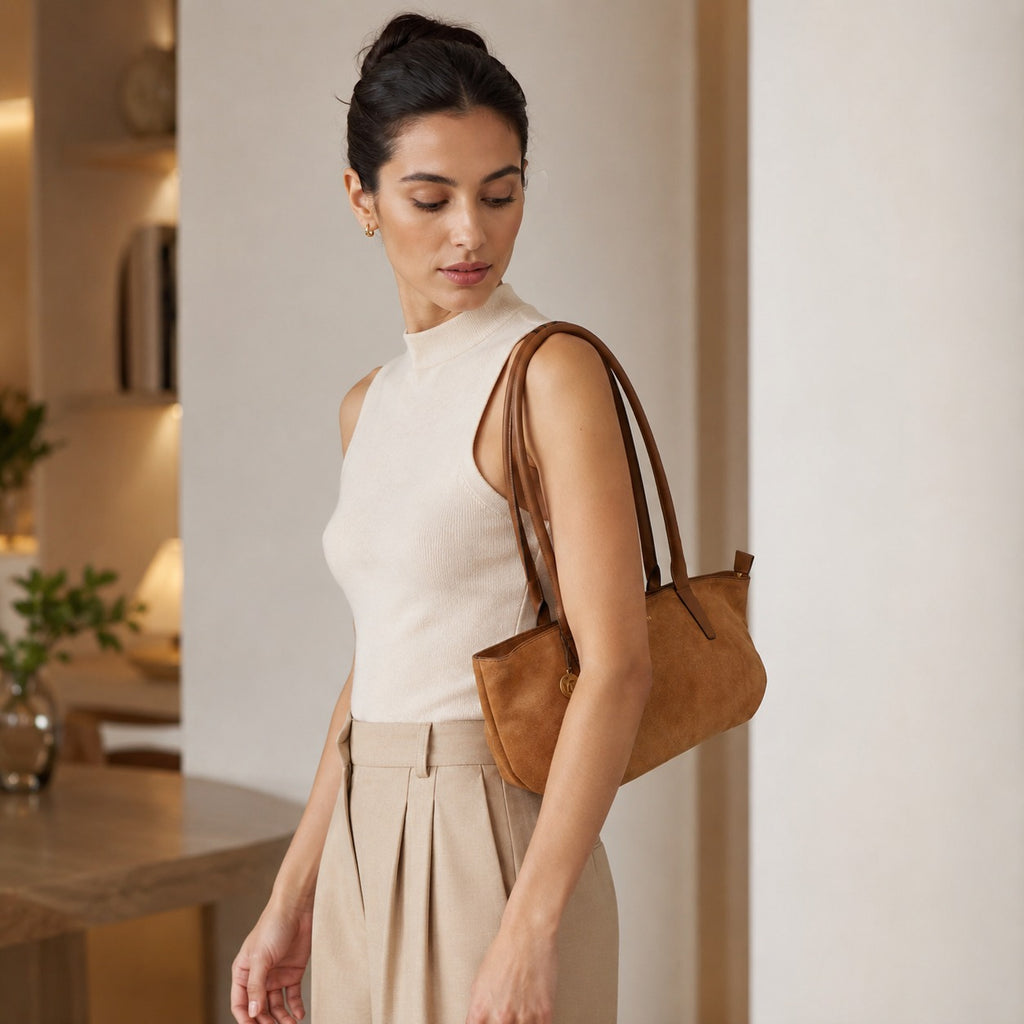 Silviano Brown Suede Shoulder Bag, Top Zip, Gold Charm, Equestrian Handbag