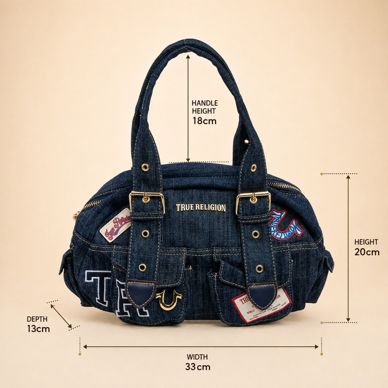 True Religion Blue Denim Shoulder Bag, Multi Patch Design, Everyday Denim Purse