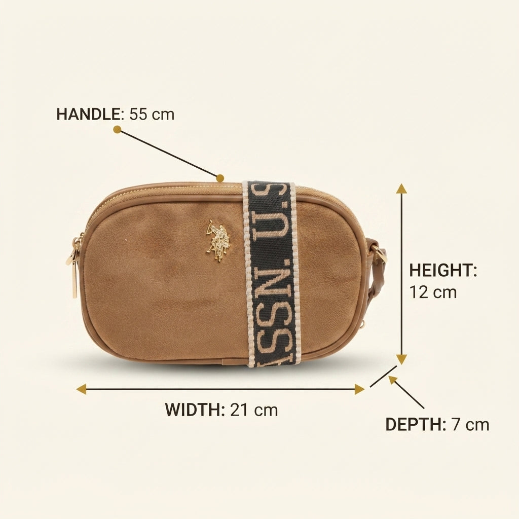 US Polo Assn Tan Suede Crossbody Bag, Brown Shoulder Bag, Everyday Handbag