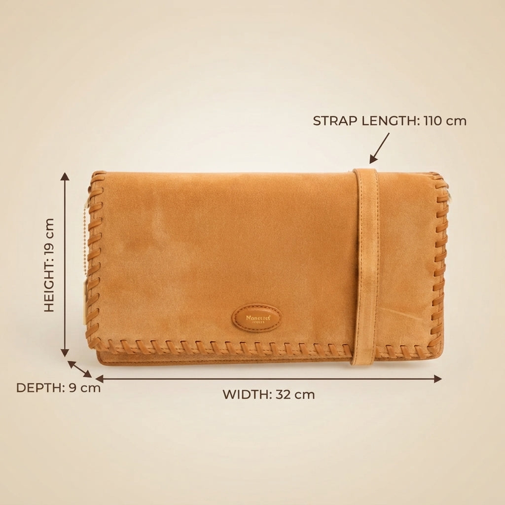 Moncrief London Tan Suede Crossbody Bag, Whipstitch Edging, Tan Leather Purse