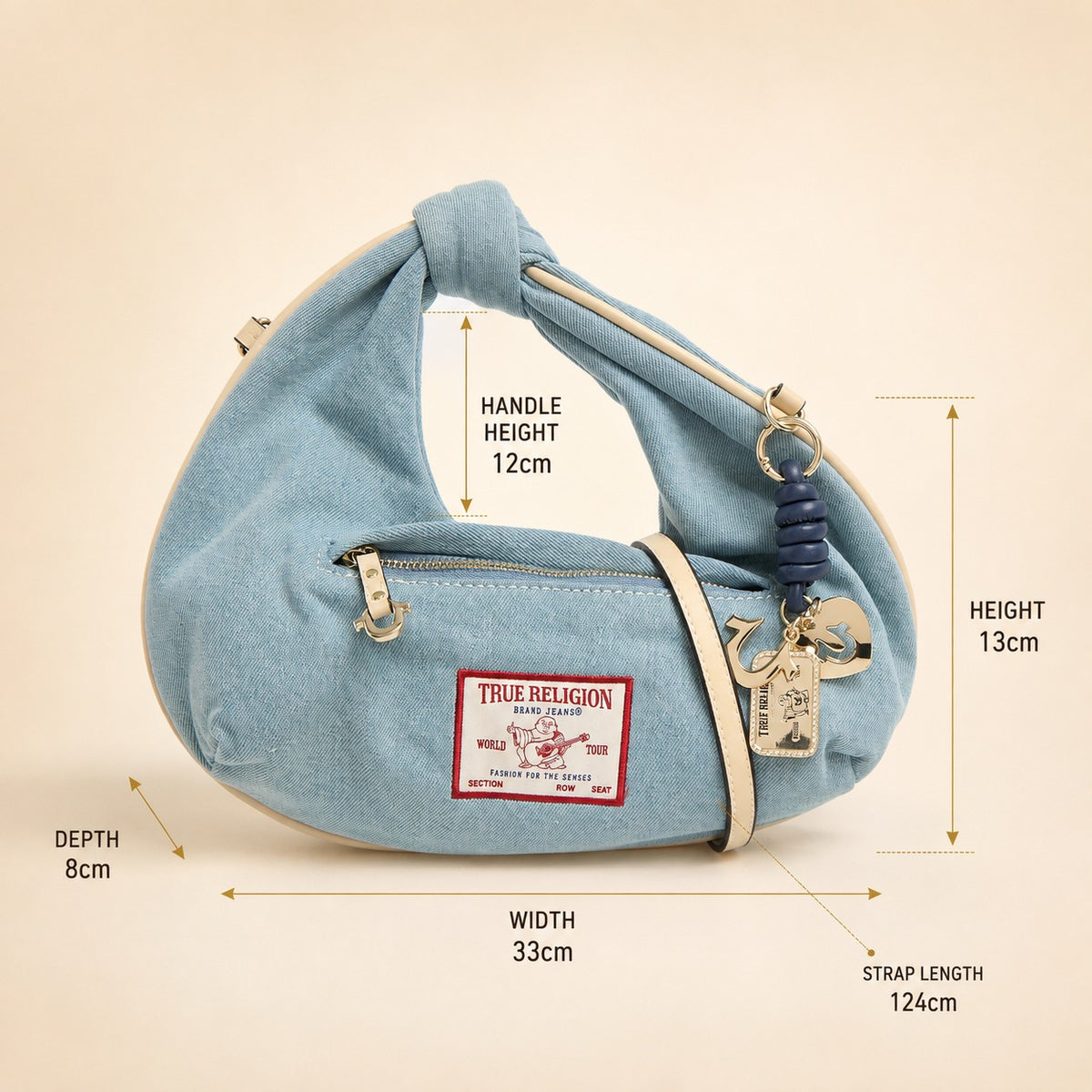 True Religion Light Blue Denim Hobo Bag, Knotted Handle, Aesthetic Handbag